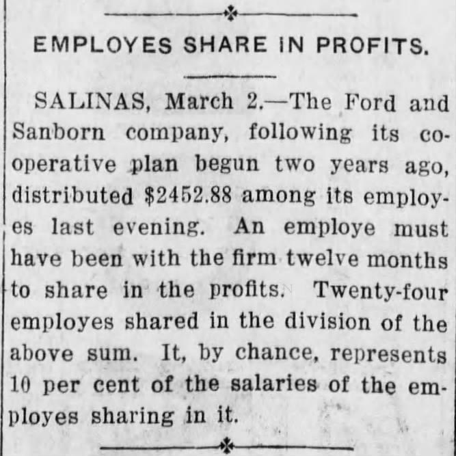 The Ford and Sanborn Company distributes profits to employees