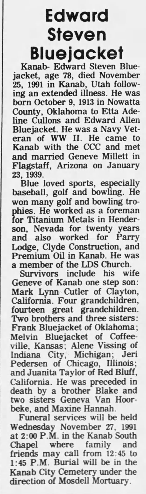 Edward Steven Bluejacket, 78. Obituary. 26 Nov 1991