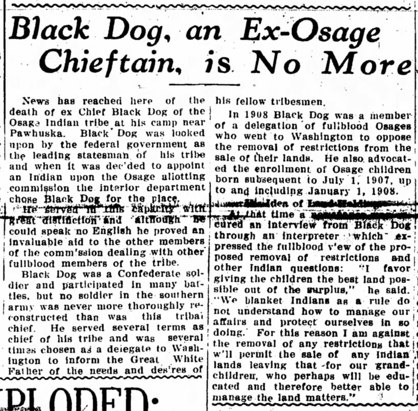 Black Dog. Osage Chief. 20 Oct 1910