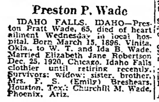 Preston P. Wade. Obituary. 11 Aug 1961