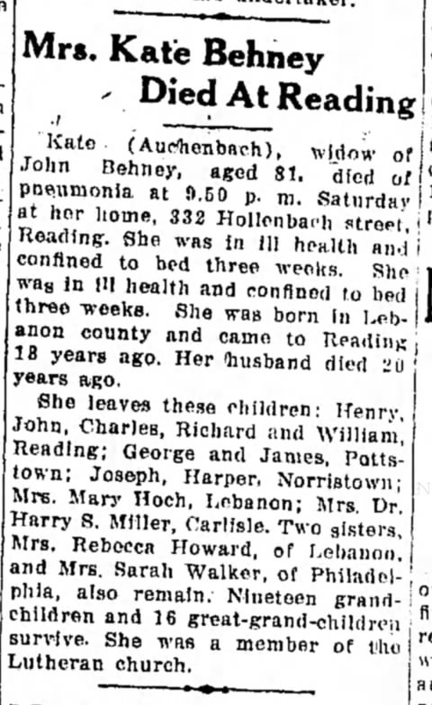 Anspach Howard, Rebecca sister,  Kate obit 
lists maiden Auchenbach
LDN 1916 Feb 15 p3