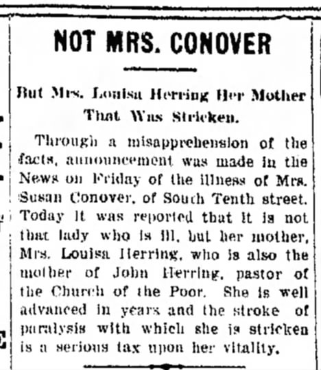 Bender Herring, Louisa illness
LDN 1909 May 1 p1