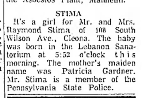 Stima Chenail, Valerie birth announcement LDN 1957 May 11 p19