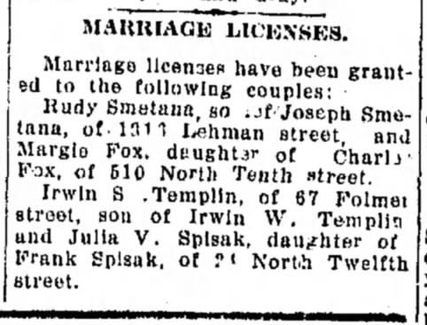 Templin Spesak marriage
LDN 1928 Jan 23 p12
