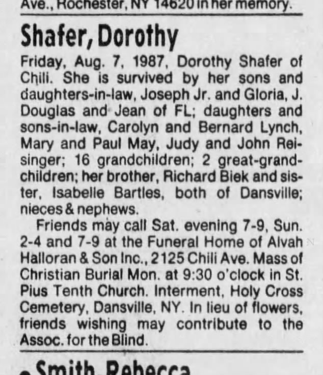 Dorothy Biek Shafer Obituary 9 August 1987