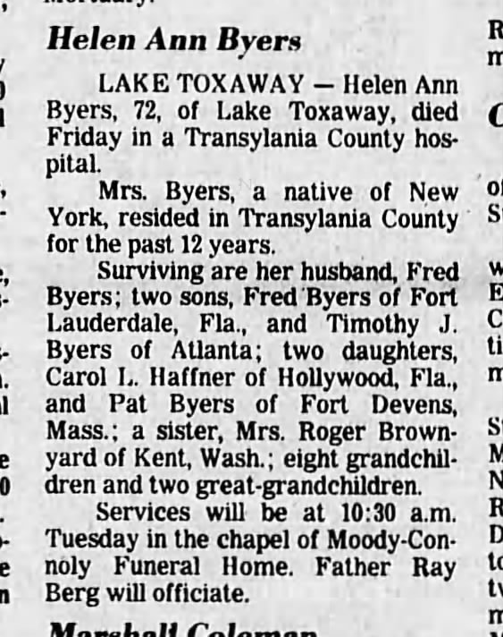 Helen Ann Shafer Byers obituary 11 February 1985