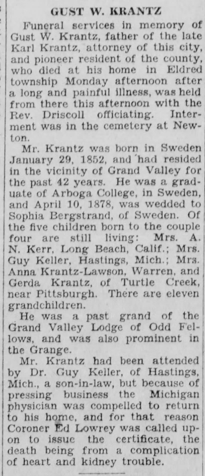 Warren Times Mirror Obituary for Gustaf W. Krantz (3/26/1930)