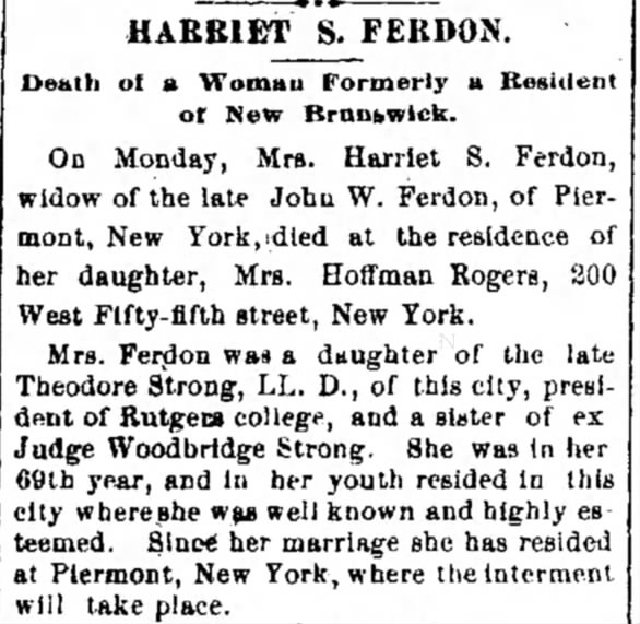 HARRIET S. FERDON -- Death of a Woman Formerly a Resident of New Brunswick