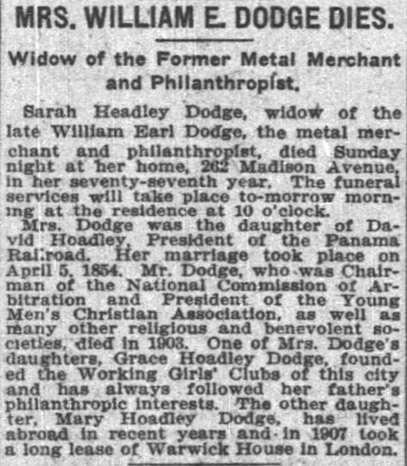 MRS WILLIAM E. DODGE DIES. Widow of the Former Metal Merchant and Philanthropist.
