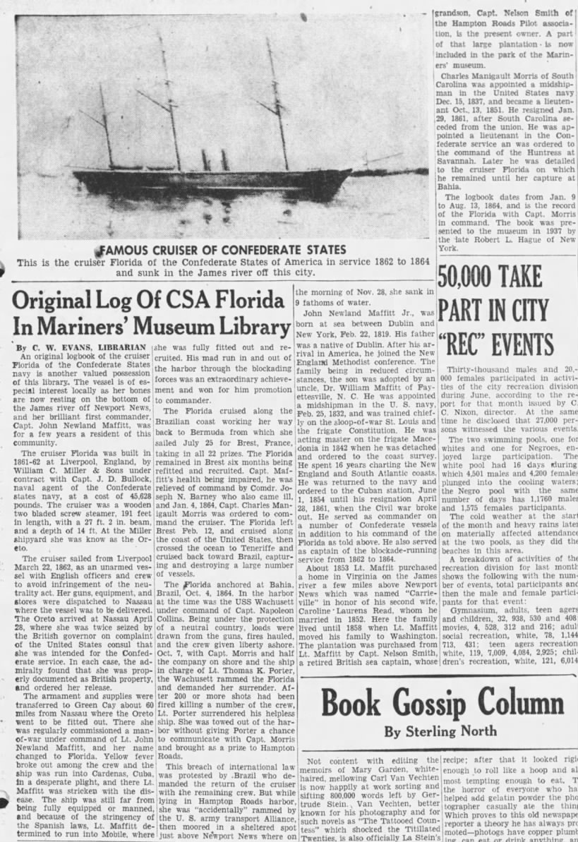 Original Log of CSA Florida in Mariners' Museum Library