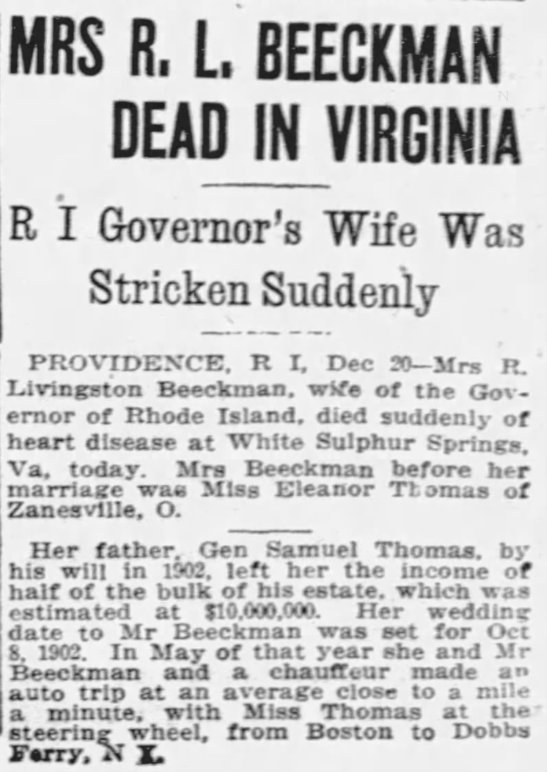 MRS R. L. BEECKMAN DEAD IN VIRGINIA -- R I Governor's Wife Was Stricken Suddenly