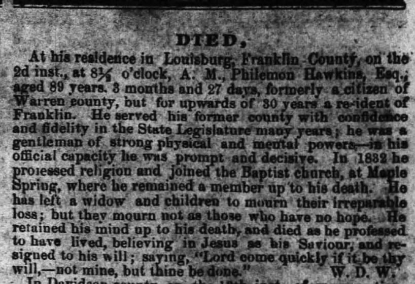 Obituary - Philemon Hawkins 1856--Semi-Weekly Standard Raleigh--26 JUL 1856