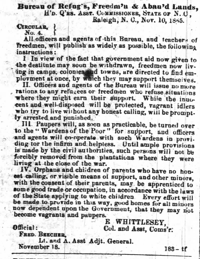 Notice from Col. Whittlesley of Freedmens Bureau