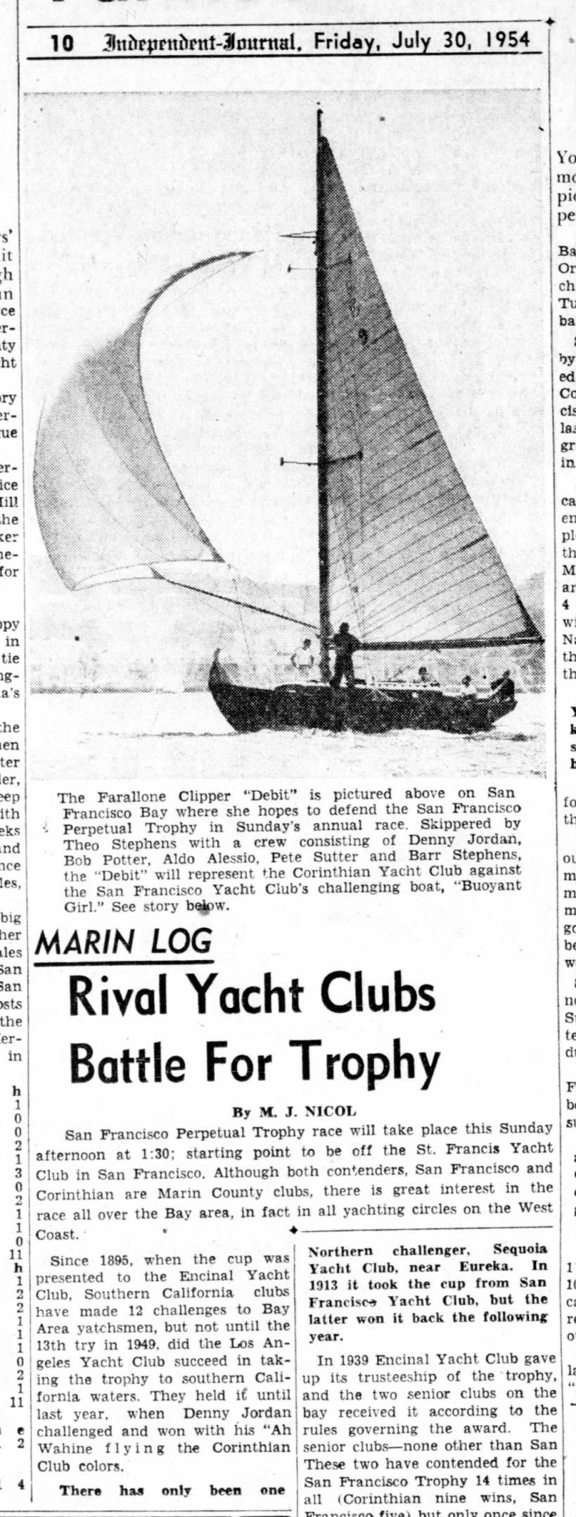 30 Jul 1954 Daily Ind Jnl "Rival Yacht Clubs Battle for Trophy" (FC photo)