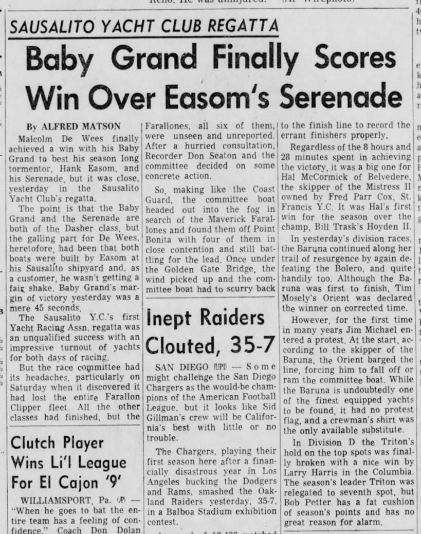 28 Aug 1961 Daily Ind Jnl "Baby Grand Finally Scores Win Over Easom's Serenade"