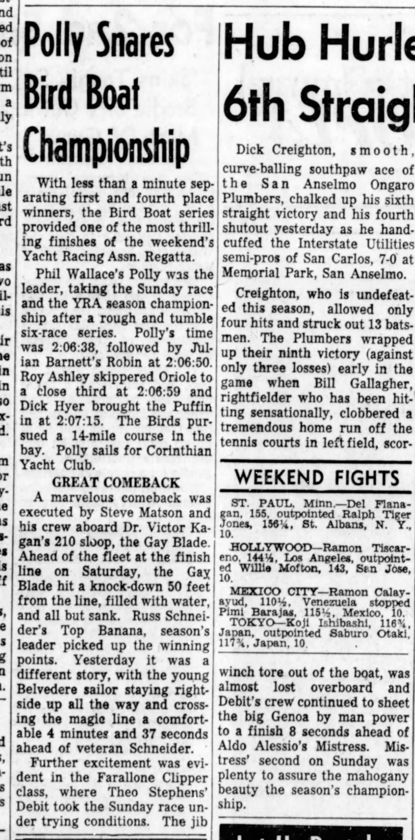 26 Aug 1957 Daily Ind Jnl "Polly Snares Bird Boat Championship"