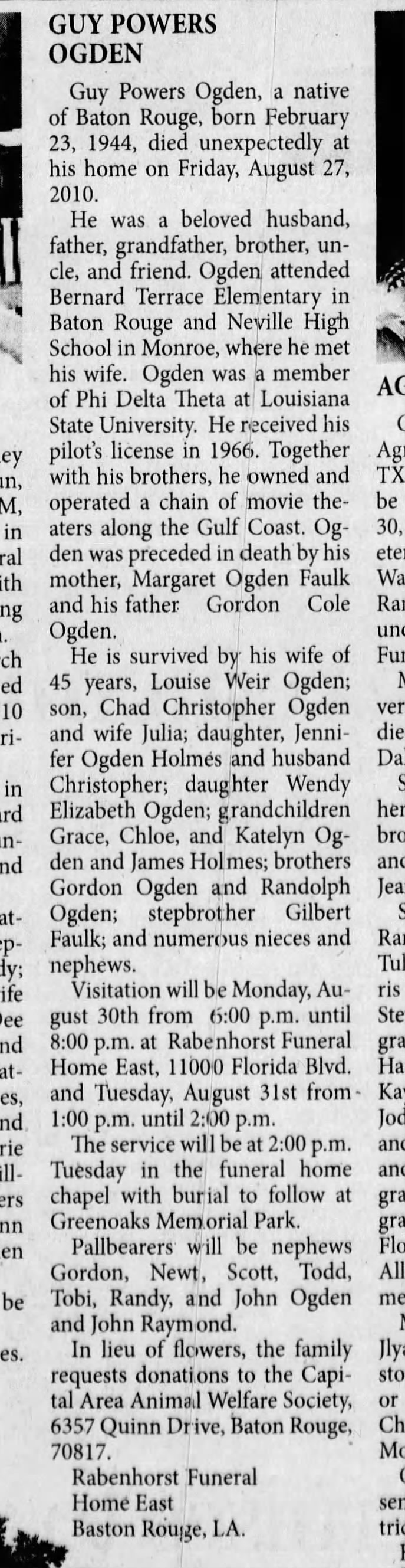 Death of Guy Powers Ogden stepbrother of Gilbert Faulk.