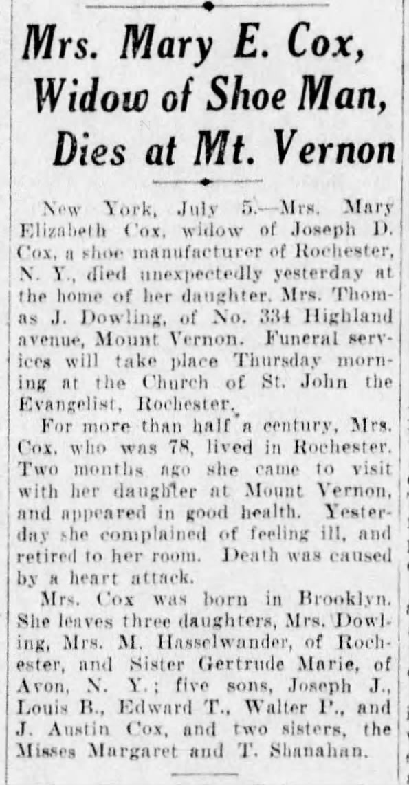 Mary E (Shanahan) Cox death 1927