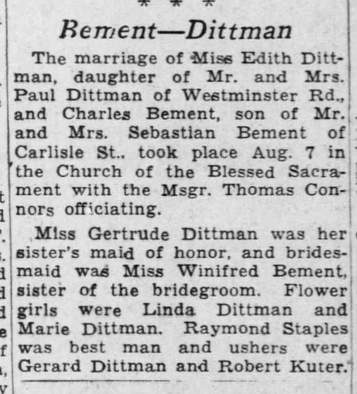 Bement-Dittman marriage 1948