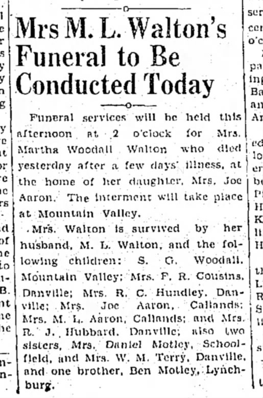 Martha Woodall Walton obituary 11/9/1934 the bee pg 1