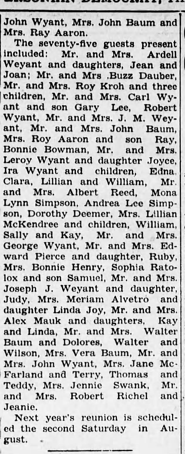 Wyant Family Reunion 30 Aug 1951 column 2