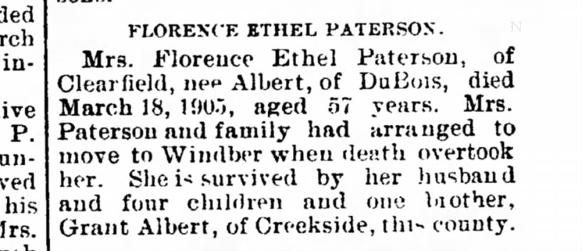 Florence Ethel Paterson wife of William D. Paterson