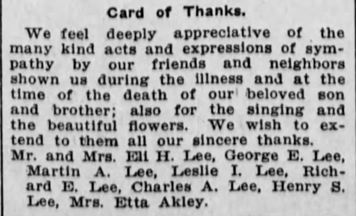 Lee Fred Obituary Vermont Phoenix, Brattleboro, July 5, 1912