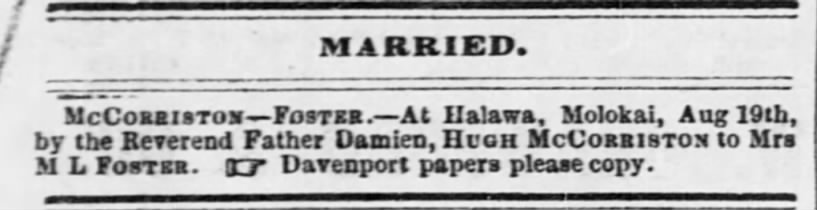 HUGH MCCORRISTON: Marriage to MARGARET GORMAN, 1877