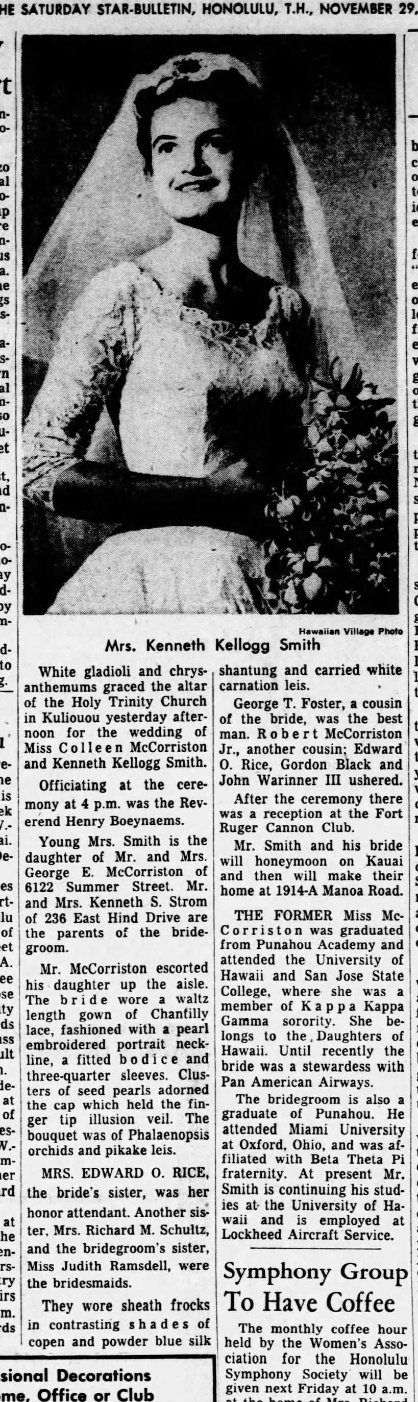 Marriage of Colleen McCorriston and Kenneth Kellogg Smith, 1958