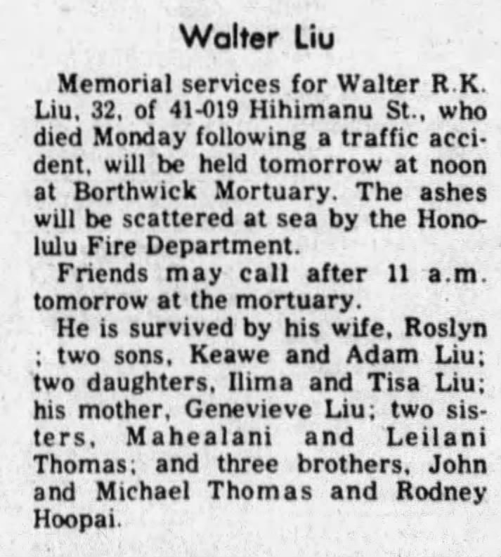 Obituary for Walter R.K. Liu (Aged 32)
