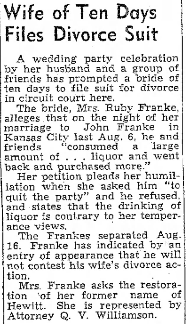 A quick divorce between John Franke and Ruby Hewitt