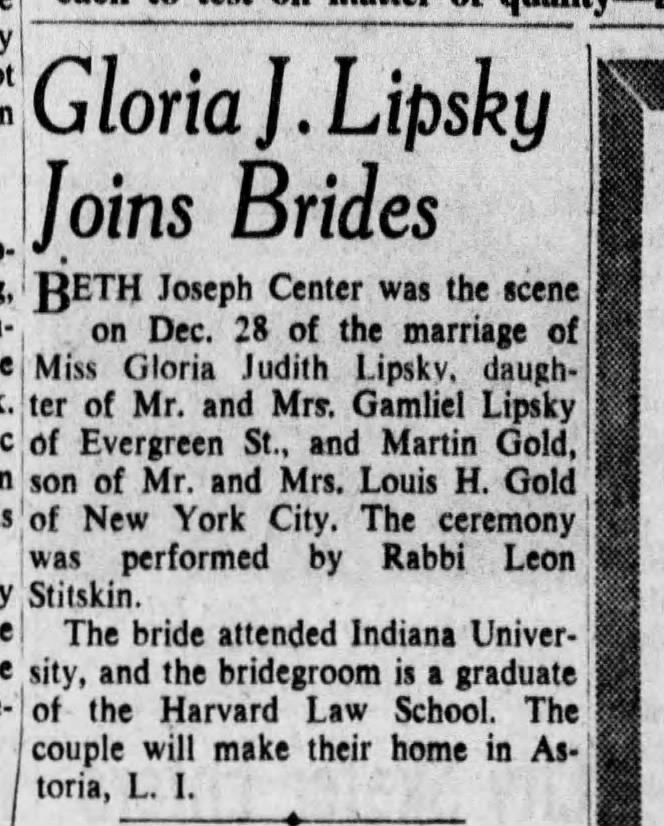 Gloria Lipsky marries 5 Jan 1951