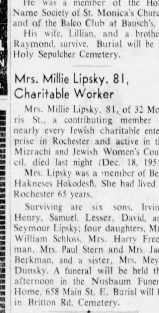 Mrs Millie LIpsky 19 DEc 1951