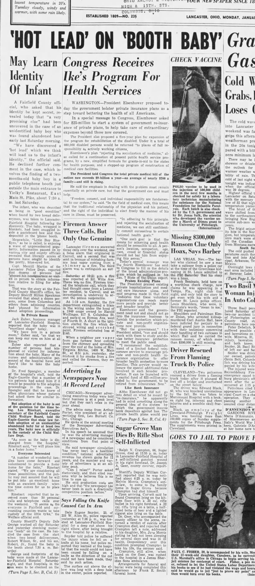Mon, Jan18, 1954 - 2nd article about abandoned infant, page 1 - cont'd on pg 5. -- Steve