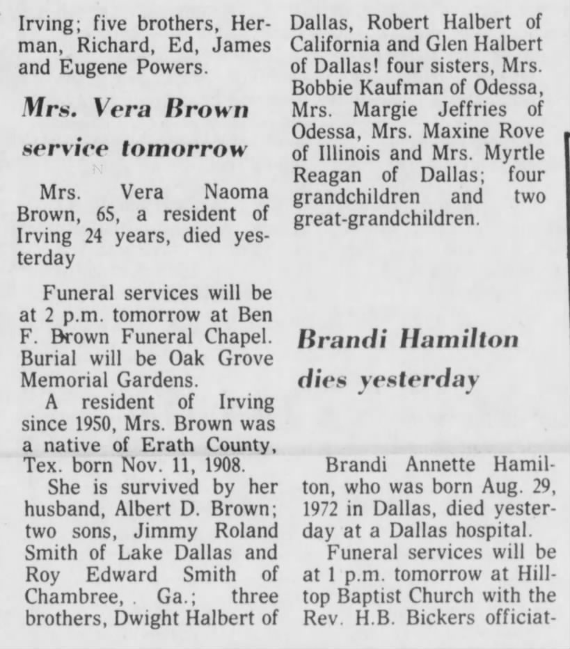 4 Mar 1974, Irving Daily News, Dera Naoma Brown