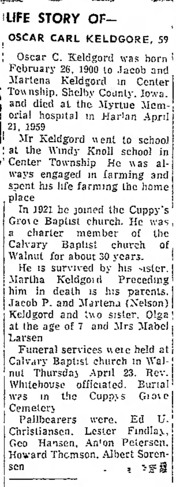 Oscar Keldgord obituary