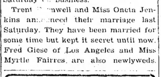 Newspaper wedding announcement of Myrtle Fairres to Fred Giese.