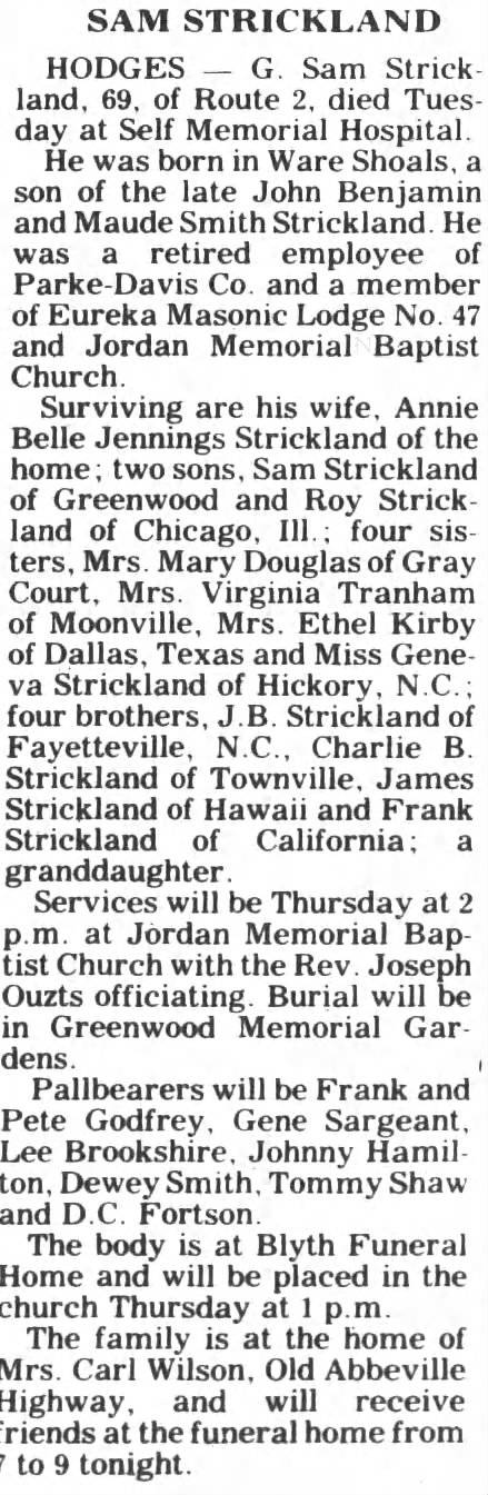 Sam Strickland obituary