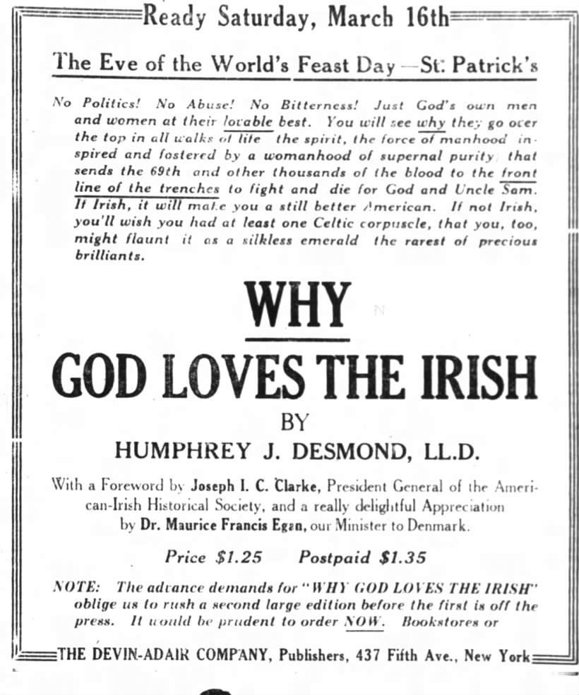 Book Why God Loves the Irish.  New York Times, March 17, 1918