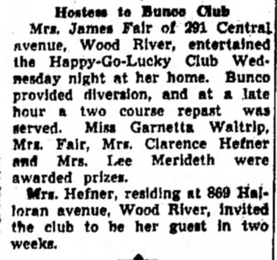 Hostess to Bunco Club- Lydia (Mrs. James) Fair, Hostess