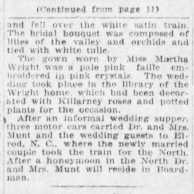 Wedding announcement of Helen Cherry Wright and Dr. Herbert F. Munt, second page