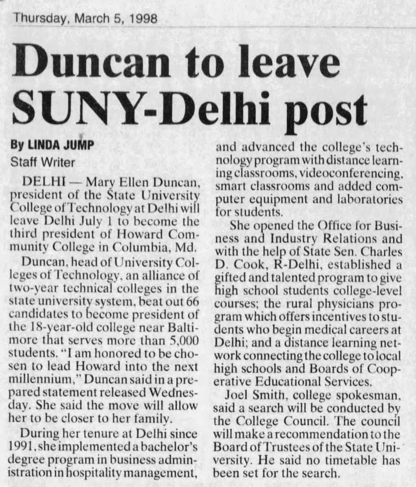 Duncan to leave SUNY-Delhi post