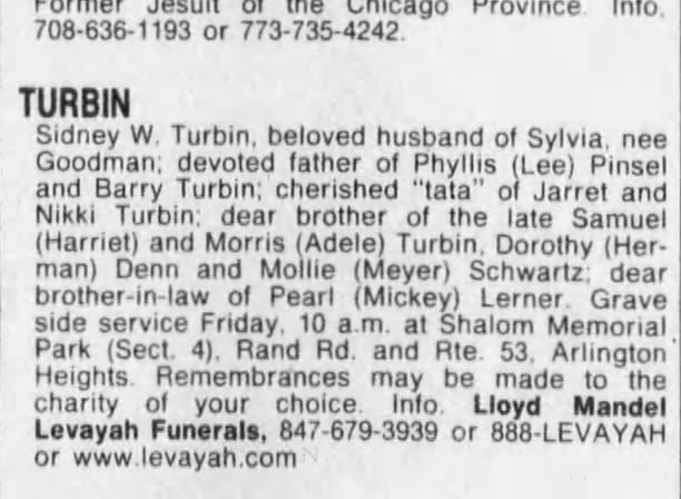 Sidney W. Turbin obituary