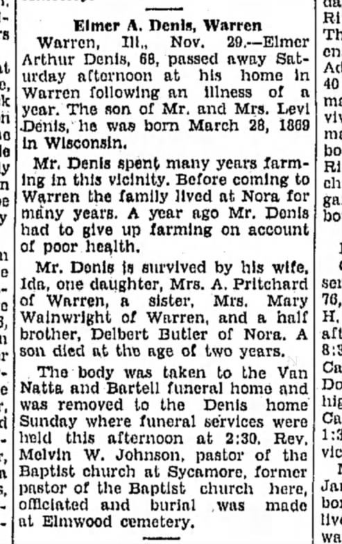 Elmer A. Denis death Nov 1937. Half brother to Delbert Butler.  For Linda