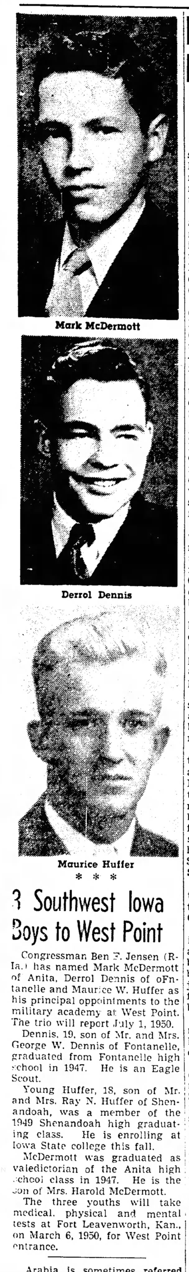 Derrol Dennis goes to West Point  Council Bluffs Nonpareil  Sept 19 1949