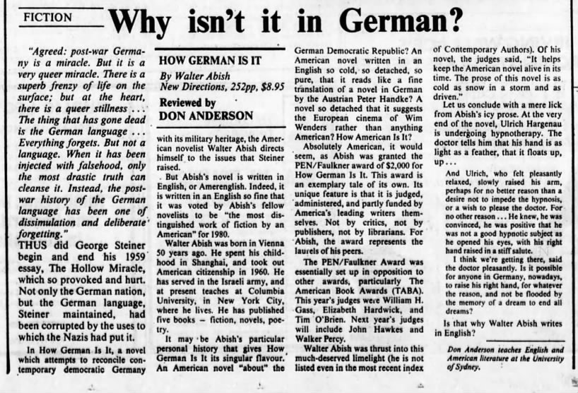Don Anderson, "Why isn't it in German?" Sydney Morning Herald, October 31, 1981,45