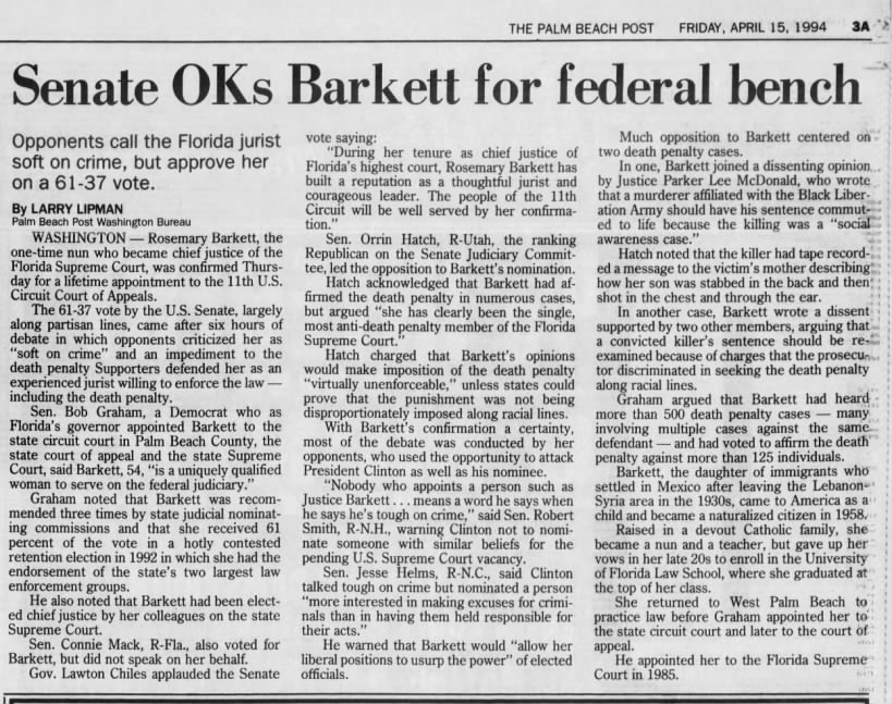 Larry Lipman, "Senate OKs Barkett for federal bench," Miami Herald, 4/15/1994, 3A.