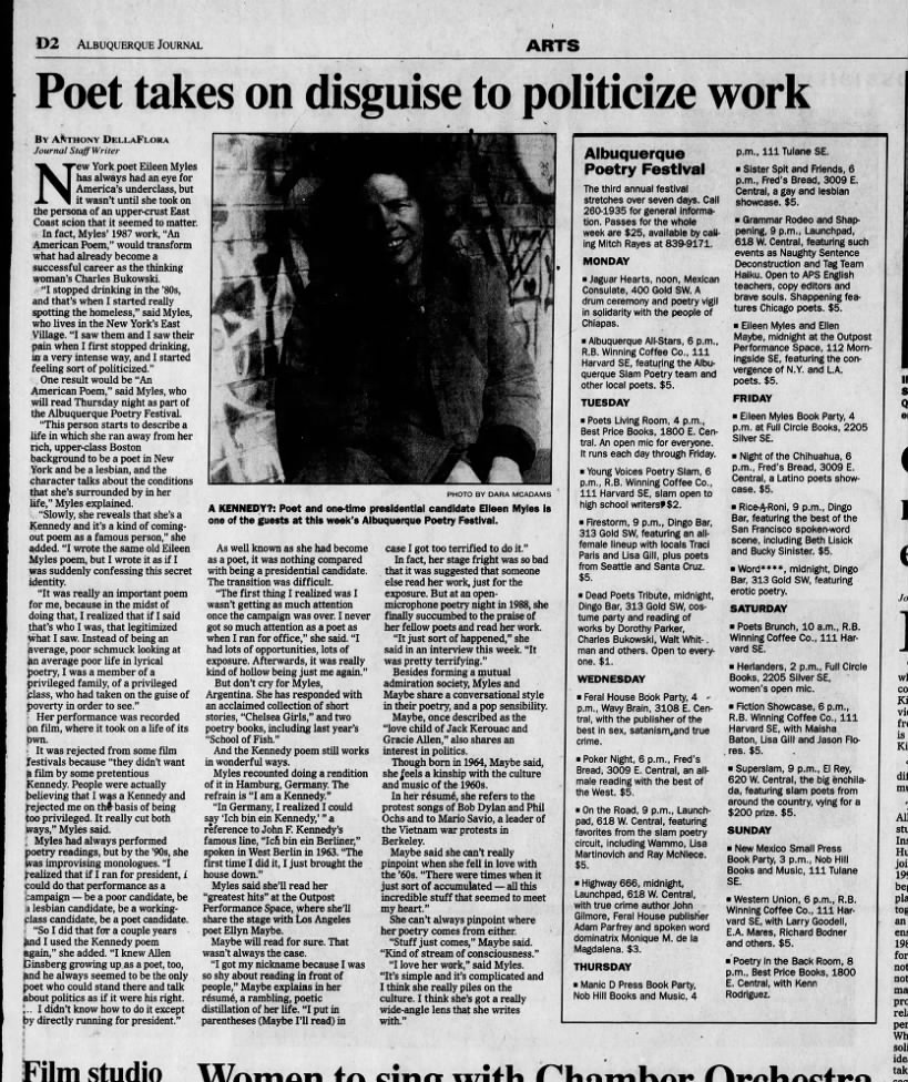 Anthony DellaFlora, "Poet takes on disguise to politicize work," Albuquerque Journal,2/15/98