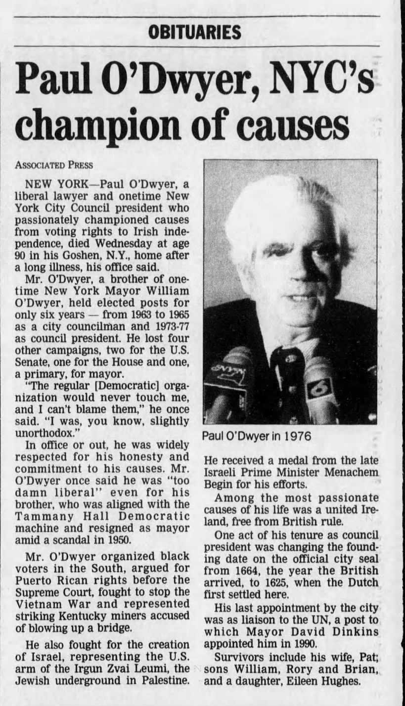 AP, "Paul O'Dwyer, NYC's champion of causes," Chicago Tribune, June 25, 1998, 2-10