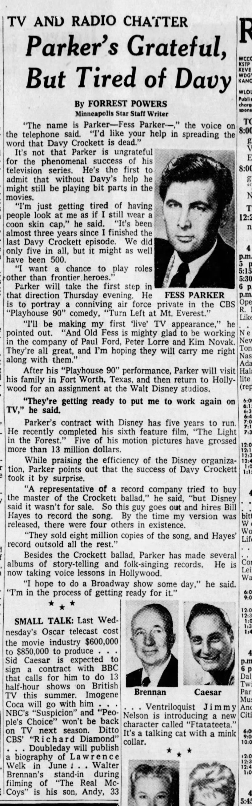 "TV and Radio Chatter," Minneapolis Star, 30 Mar 1958, 17.
